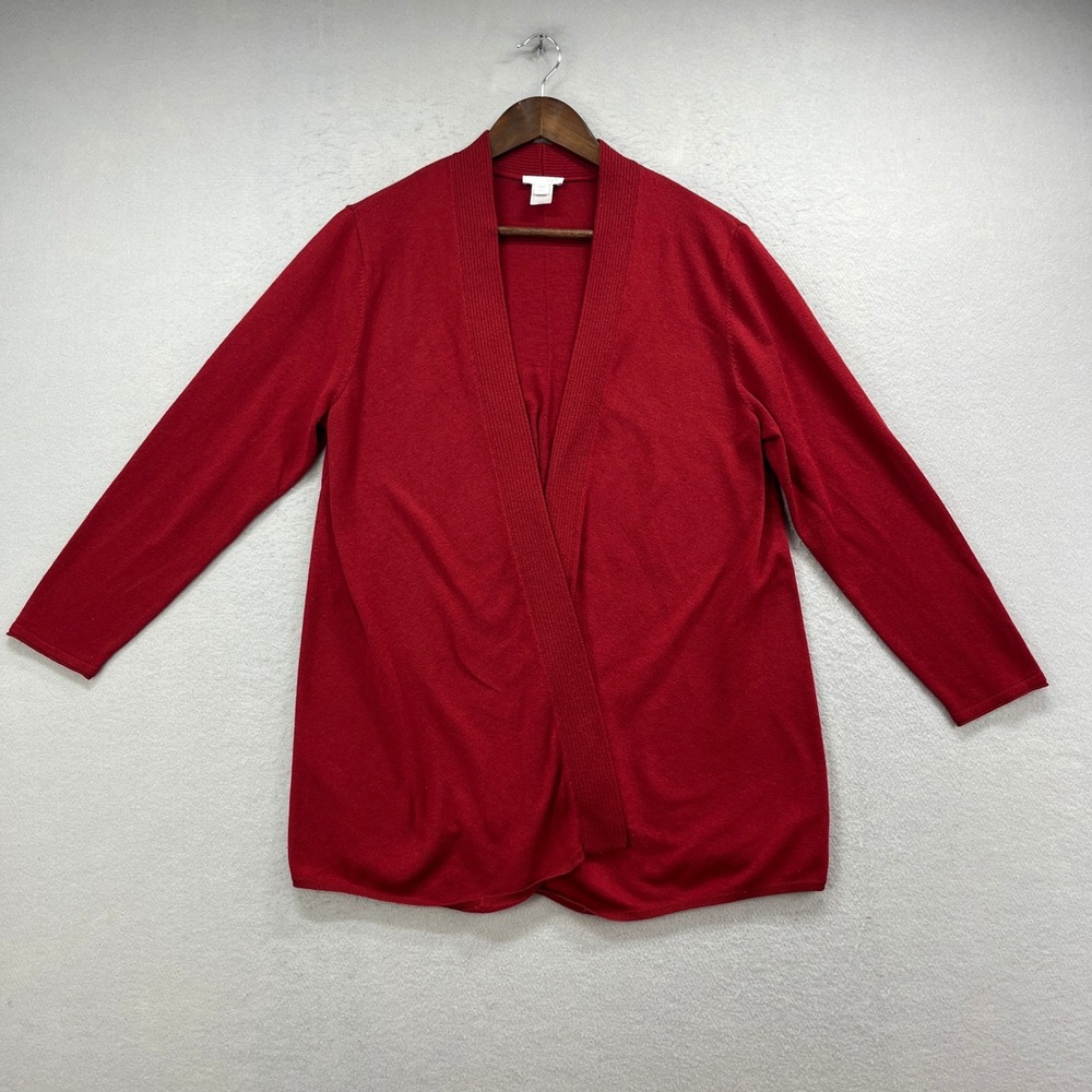J.Jill Cardigan Womens L Petite Red Wool Blend Open‎ Front Minimalist Longline